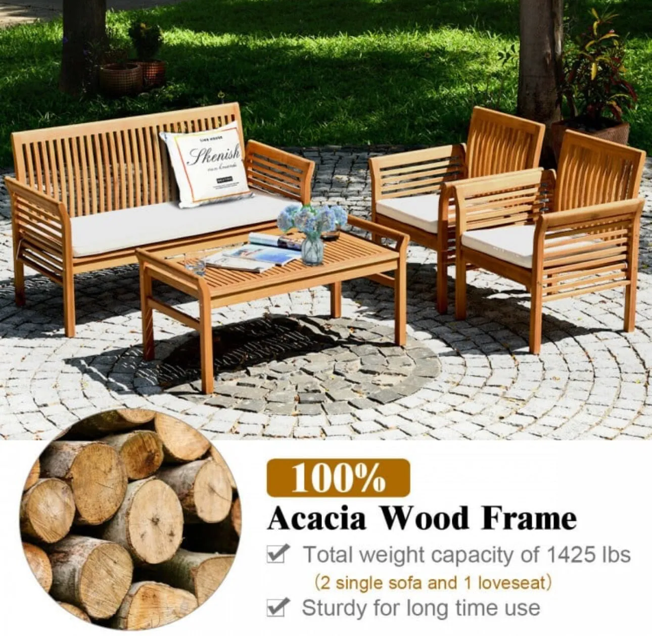 Heavy Duty Comfortable 4-Piece Outdoor Acacia Wood Patio Sofa Furniture Set | Thick Comfy Cushions, Comes With 2 Single Sofas, 1 Love Seat