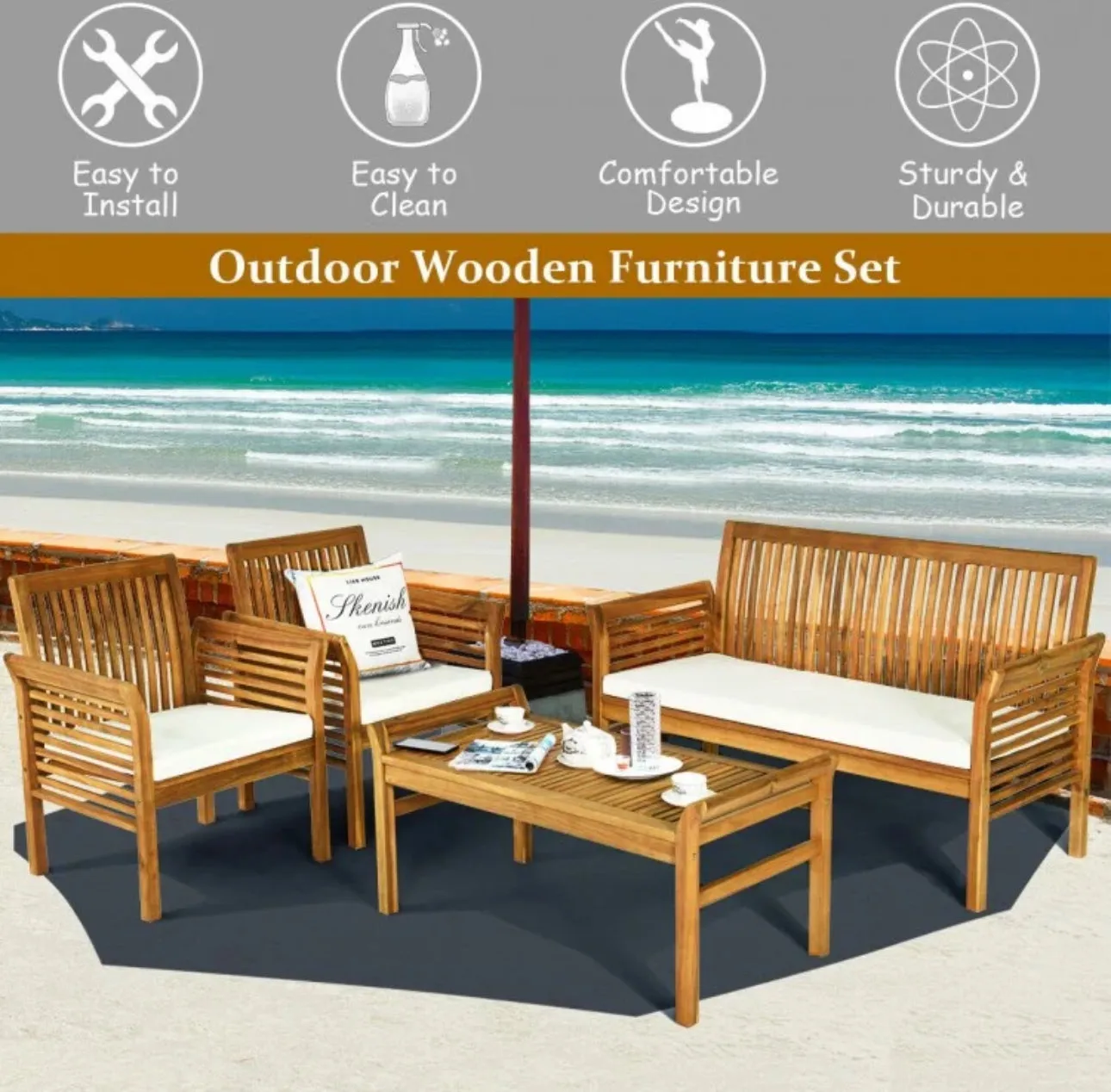 Heavy Duty Comfortable 4-Piece Outdoor Acacia Wood Patio Sofa Furniture Set | Thick Comfy Cushions, Comes With 2 Single Sofas, 1 Love Seat