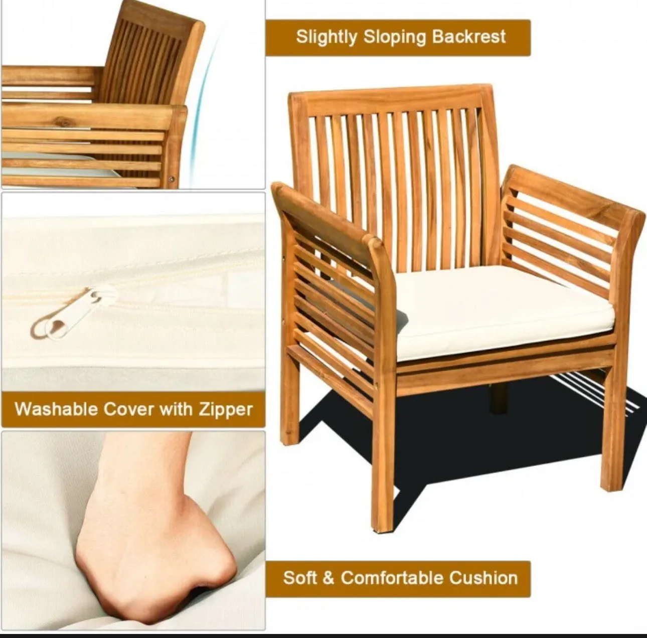 Heavy Duty Comfortable 4-Piece Outdoor Acacia Wood Patio Sofa Furniture Set | Thick Comfy Cushions, Comes With 2 Single Sofas, 1 Love Seat