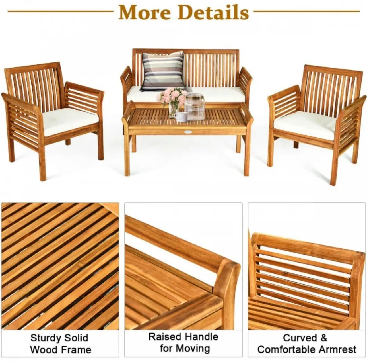Heavy Duty Comfortable 4-Piece Outdoor Acacia Wood Patio Sofa Furniture Set | Thick Comfy Cushions, Comes With 2 Single Sofas, 1 Love Seat