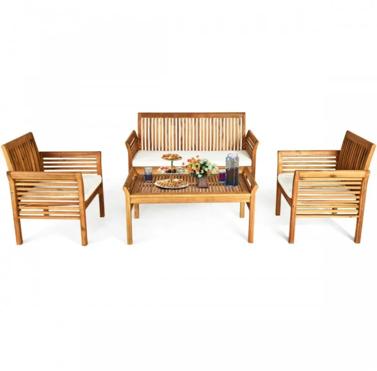 Heavy Duty Comfortable 4-Piece Outdoor Acacia Wood Patio Sofa Furniture Set | Thick Comfy Cushions, Comes With 2 Single Sofas, 1 Love Seat