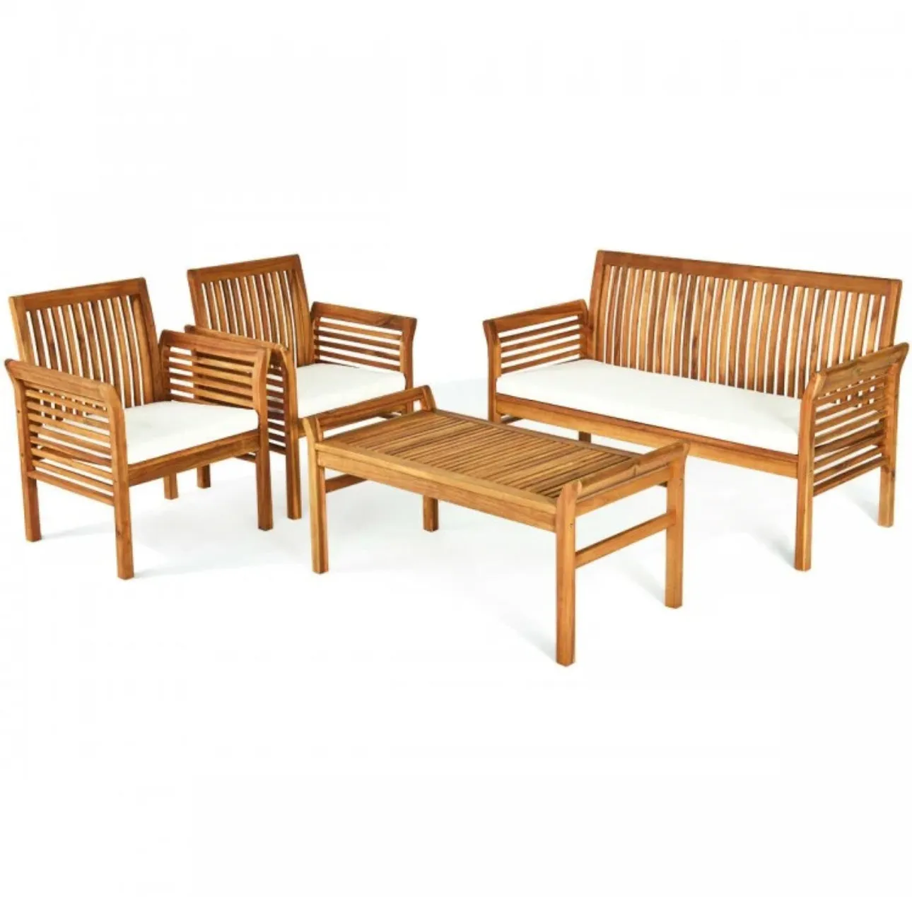 Heavy Duty Comfortable 4-Piece Outdoor Acacia Wood Patio Sofa Furniture Set | Thick Comfy Cushions, Comes With 2 Single Sofas, 1 Love Seat