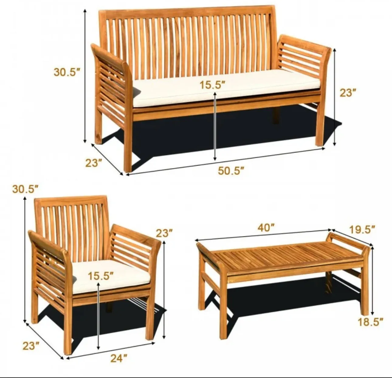 Heavy Duty Comfortable 4-Piece Outdoor Acacia Wood Patio Sofa Furniture Set | Thick Comfy Cushions, Comes With 2 Single Sofas, 1 Love Seat