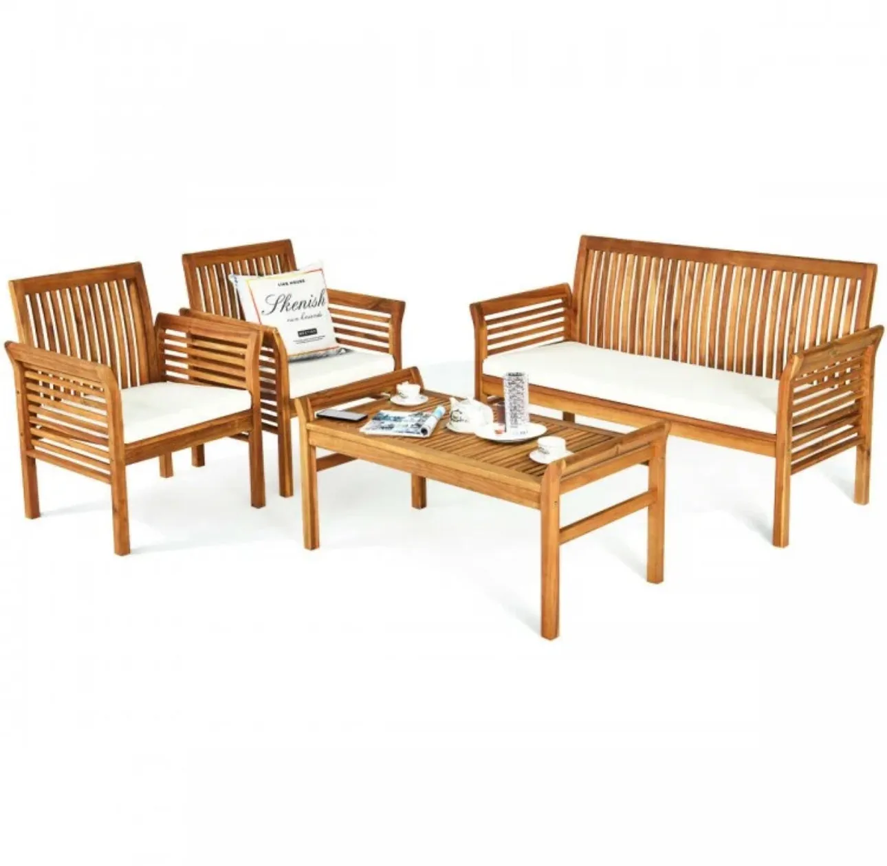 Heavy Duty Comfortable 4-Piece Outdoor Acacia Wood Patio Sofa Furniture Set | Thick Comfy Cushions, Comes With 2 Single Sofas, 1 Love Seat