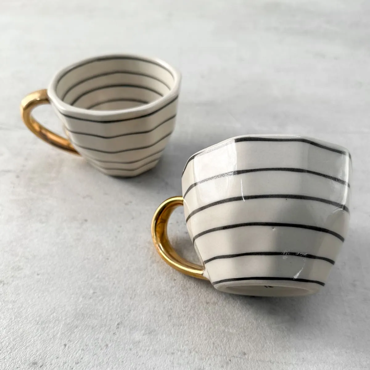 Home Artisan Esmee Striped Handmade Ceramic Cup with Golden Handle - Set of 2