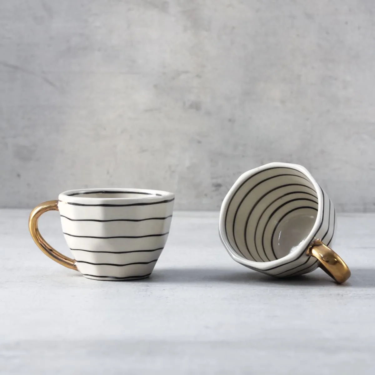 Home Artisan Esmee Striped Handmade Ceramic Cup with Golden Handle - Set of 2