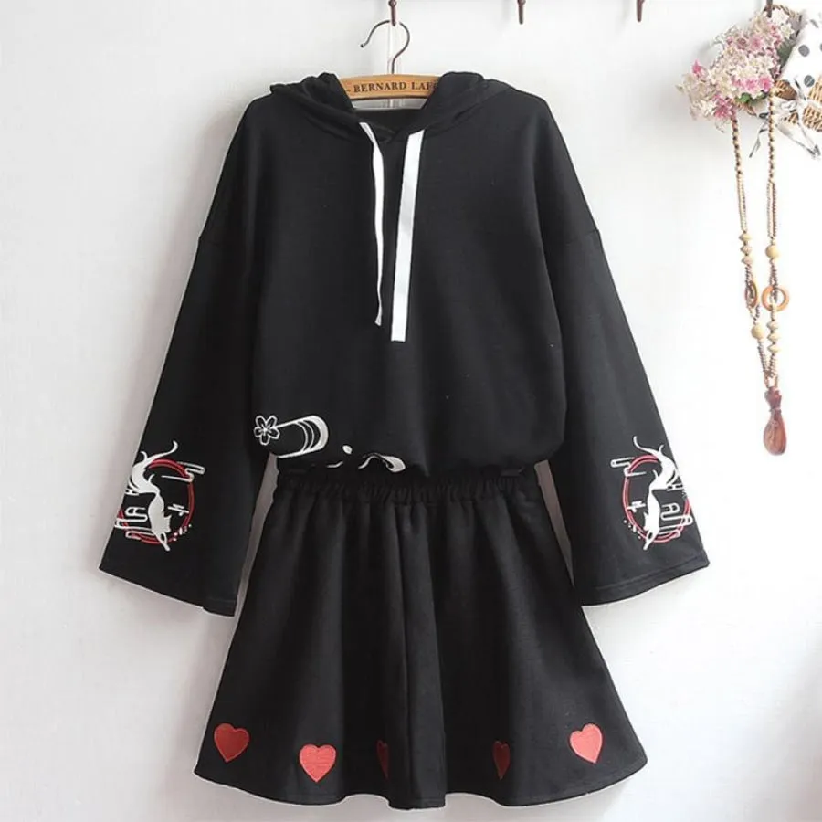 Inari Fox Sakura Print Loose Sleeve Laced-Up Hoodie J40027
