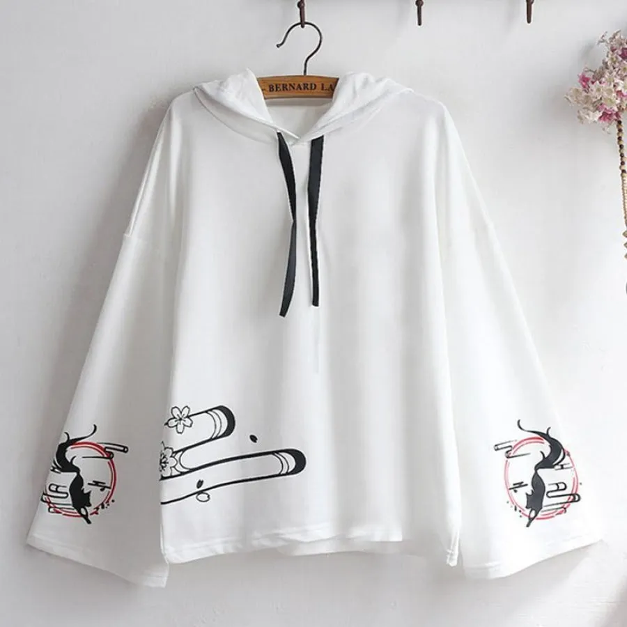 Inari Fox Sakura Print Loose Sleeve Laced-Up Hoodie J40027
