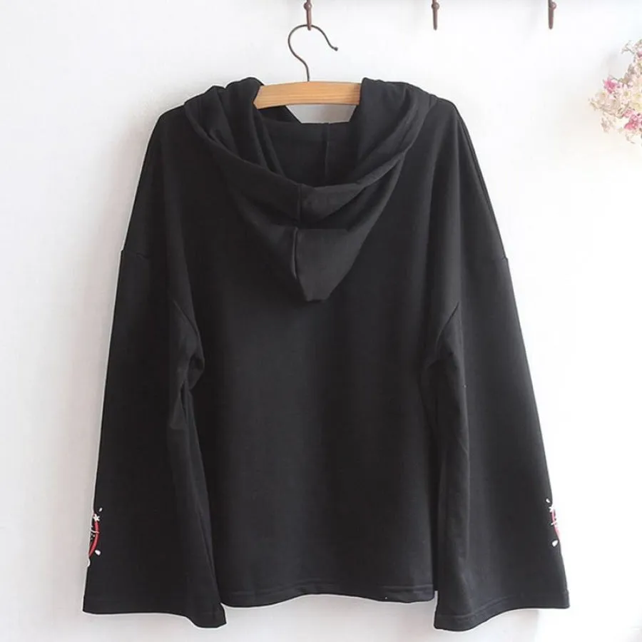 Inari Fox Sakura Print Loose Sleeve Laced-Up Hoodie J40027