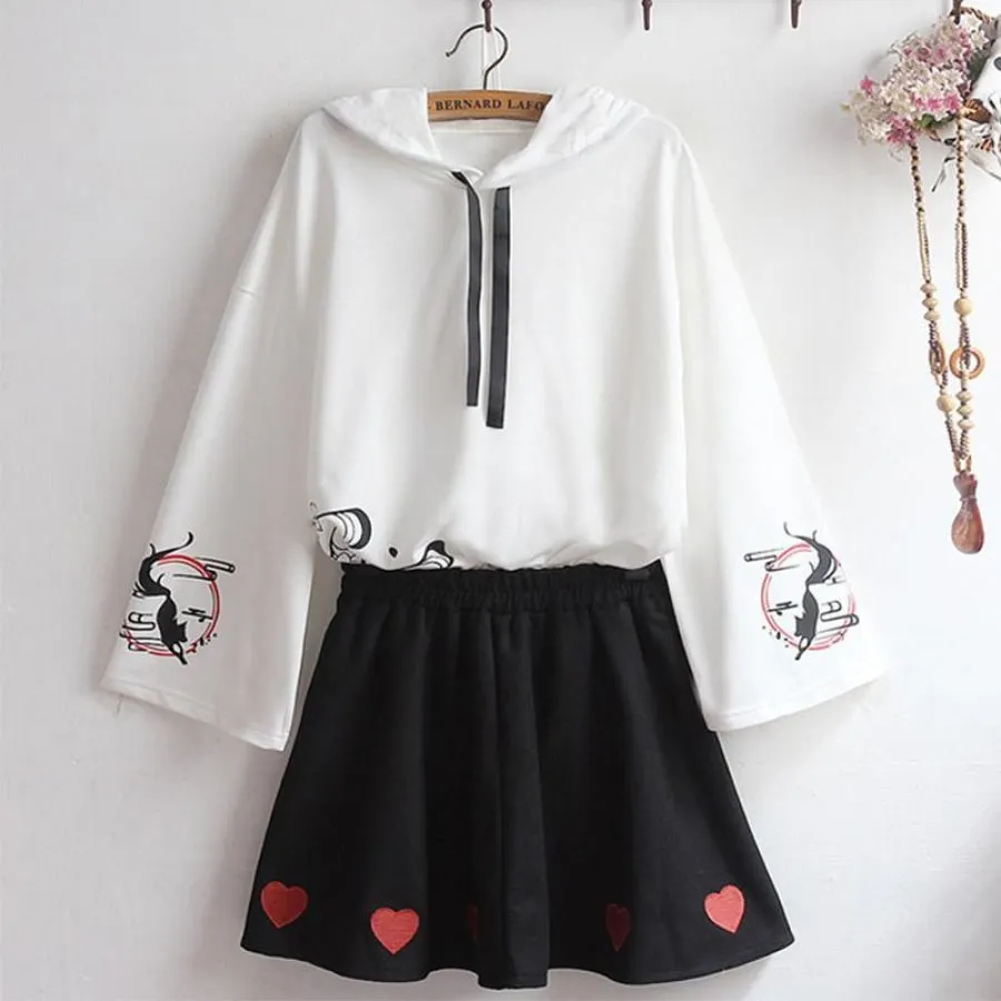 Inari Fox Sakura Print Loose Sleeve Laced-Up Hoodie J40027
