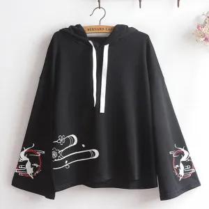 Inari Fox Sakura Print Loose Sleeve Laced-Up Hoodie J40027