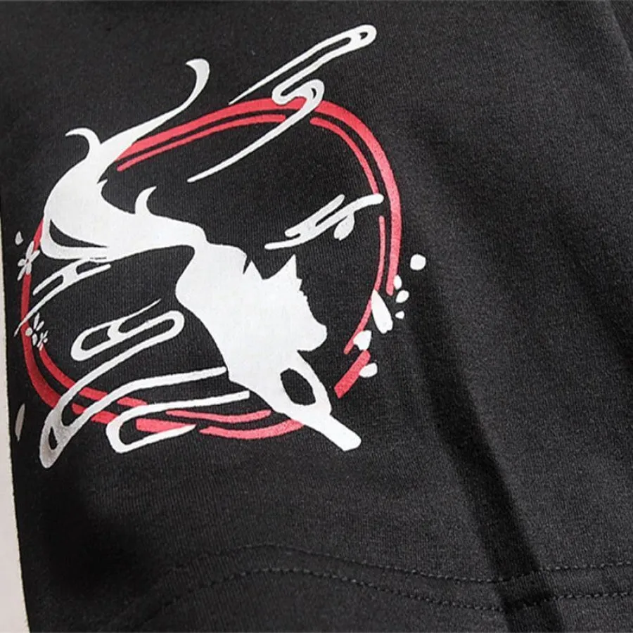Inari Fox Sakura Print Loose Sleeve Laced-Up Hoodie J40027
