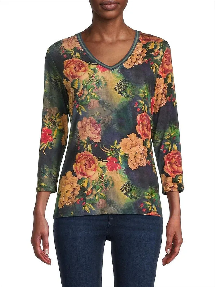 Johnny Was Catalina Janie Favorite 3/4 V Tee Floral Shirt Blue Burnout Top NEW