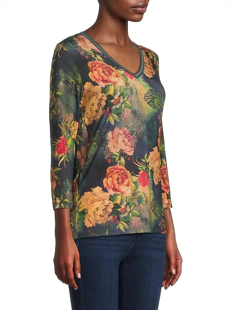 Johnny Was Catalina Janie Favorite 3/4 V Tee Floral Shirt Blue Burnout Top NEW