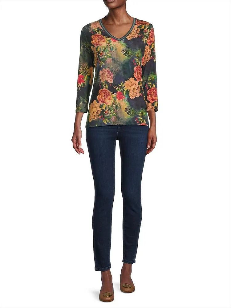 Johnny Was Catalina Janie Favorite 3/4 V Tee Floral Shirt Blue Burnout Top NEW