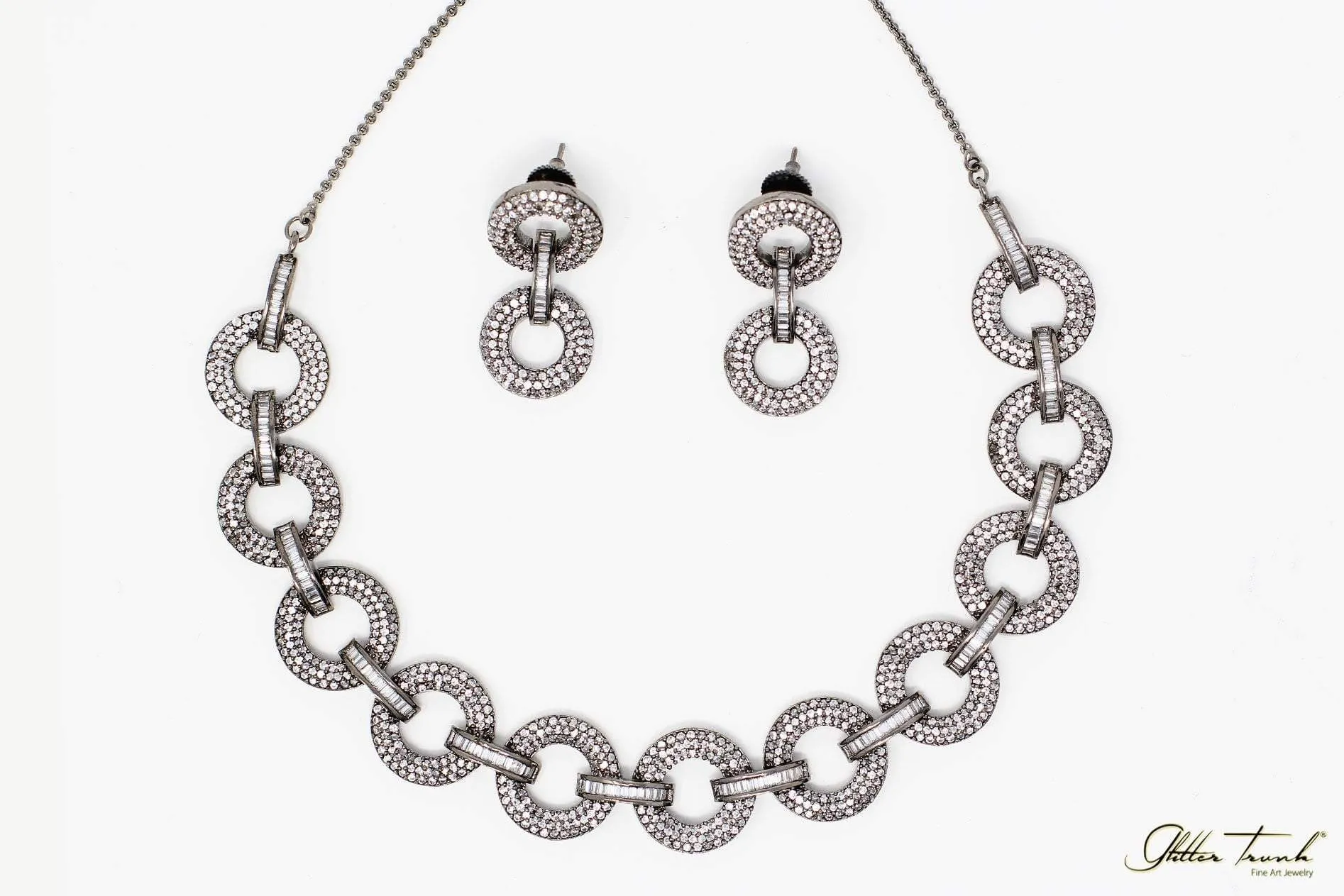 Kate Stone Studded Gunmetal Necklace with Earrings