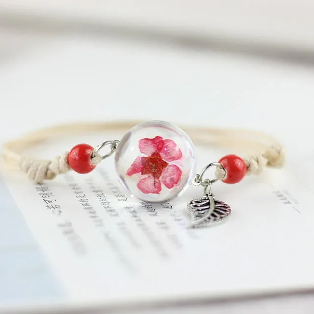 Lidavi New Boho Vintage Charm Bracelet Handmade Real Dry Flower Glass Ball Weave