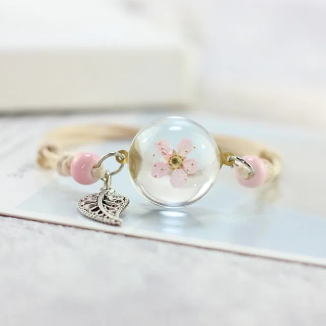 Lidavi New Boho Vintage Charm Bracelet Handmade Real Dry Flower Glass Ball Weave