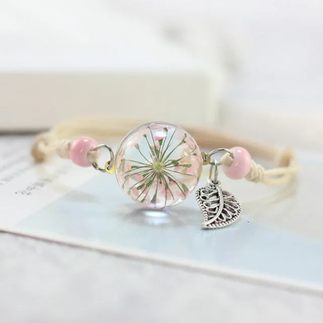 Lidavi New Boho Vintage Charm Bracelet Handmade Real Dry Flower Glass Ball Weave