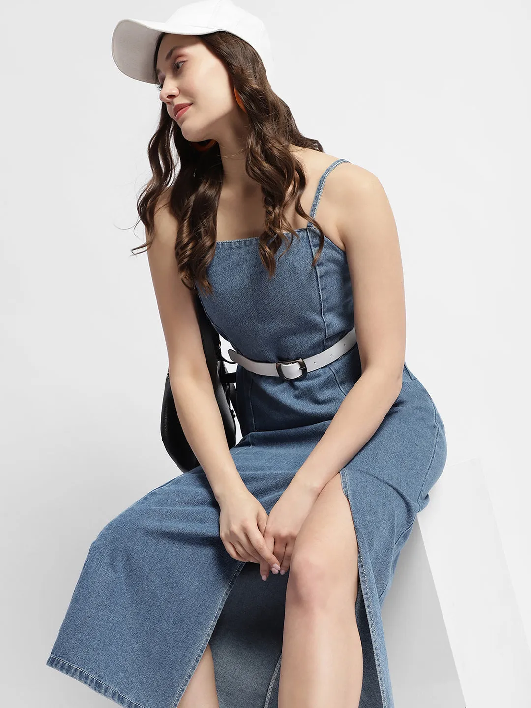 Madame Front Slit Long Denim Dress