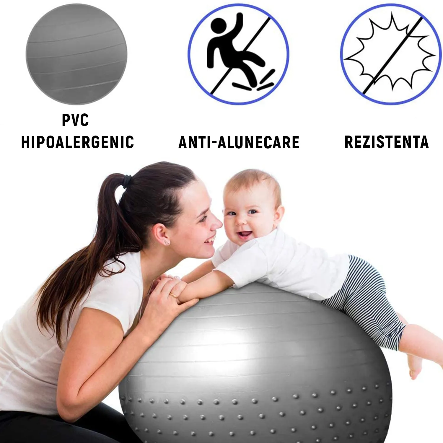 Minge fitness pentru gimnastica 65 cm, pompa inclusa - GRI
