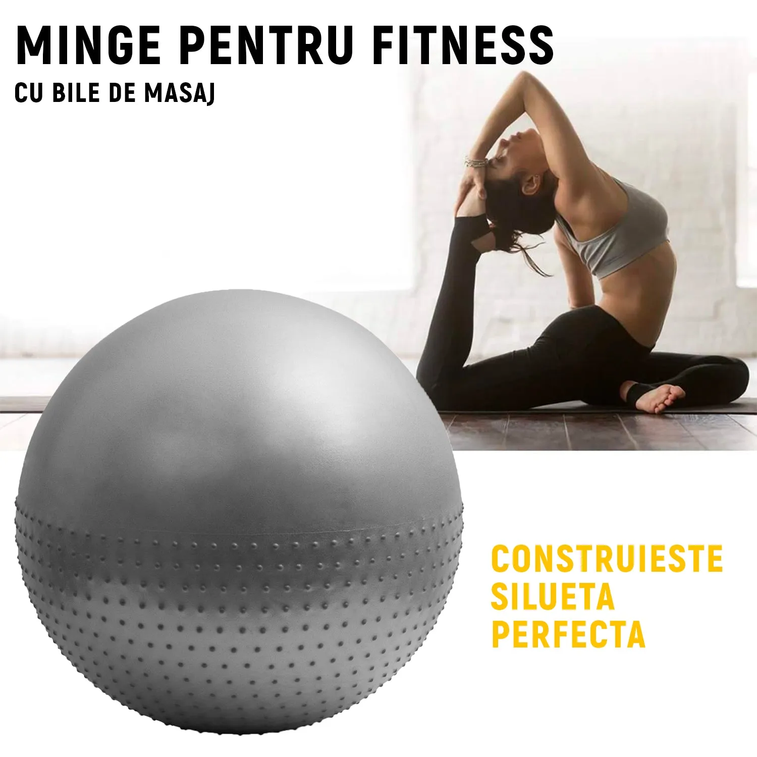 Minge fitness pentru gimnastica 65 cm, pompa inclusa - GRI