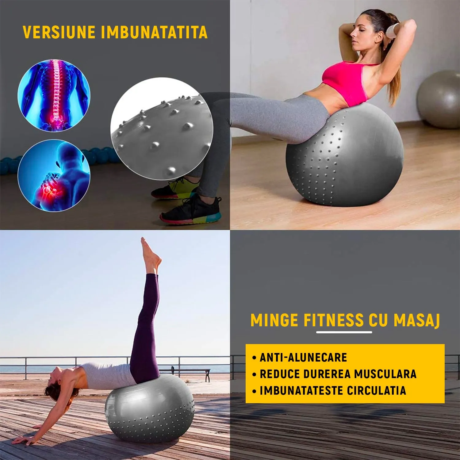 Minge fitness pentru gimnastica 65 cm, pompa inclusa - GRI