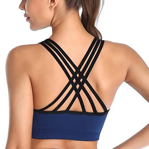 MIRITY Padded Strappy Sports Bras for Women Fashion Comfy Activewear Workout Bra Pack of 3, Black Blue White, Small