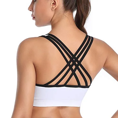 MIRITY Padded Strappy Sports Bras for Women Fashion Comfy Activewear Workout Bra Pack of 3, Black Blue White, Small