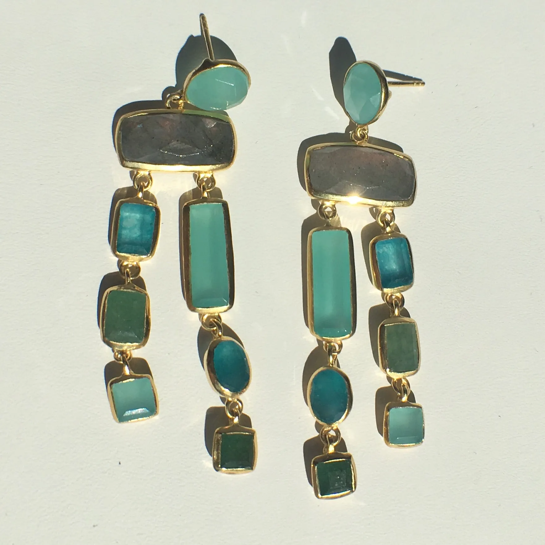 Multi - Stone Chalcedony - Green Quartz - Labradorite Earrings