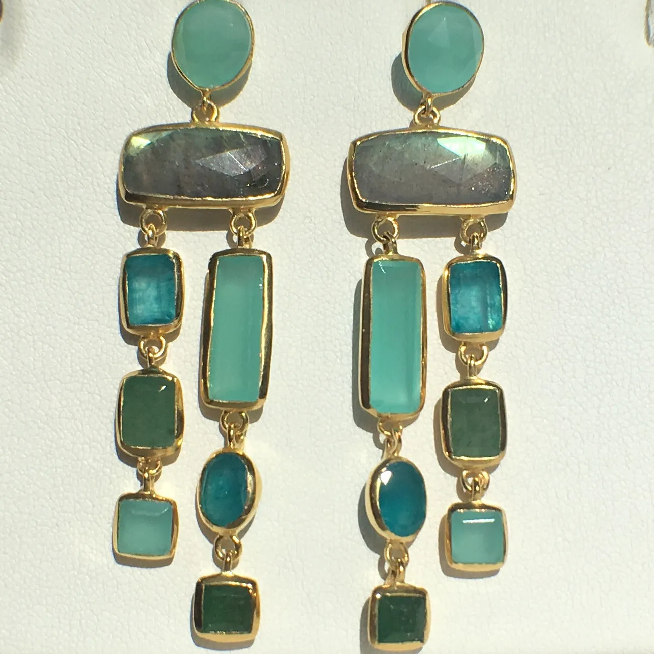 Multi - Stone Chalcedony - Green Quartz - Labradorite Earrings