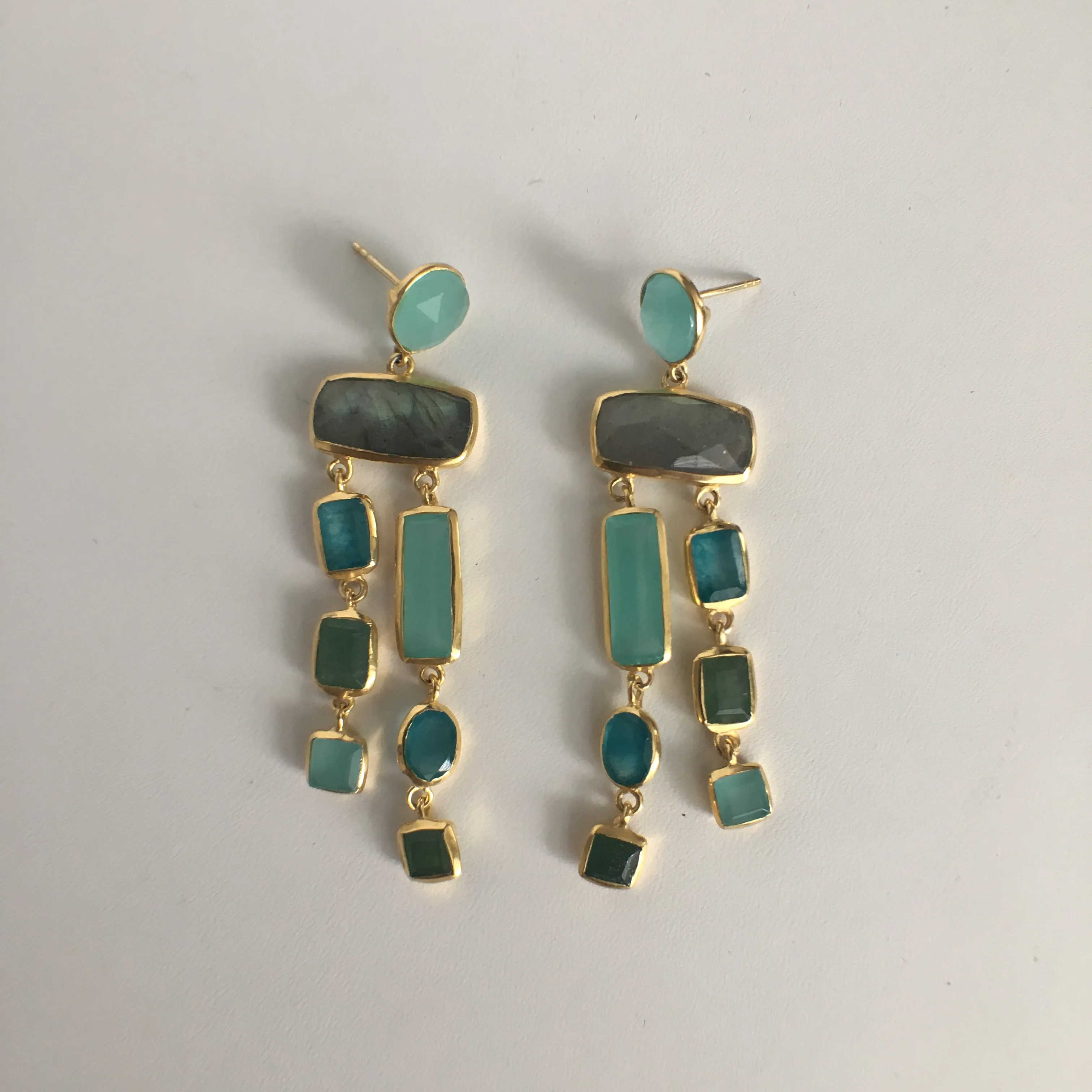 Multi - Stone Chalcedony - Green Quartz - Labradorite Earrings