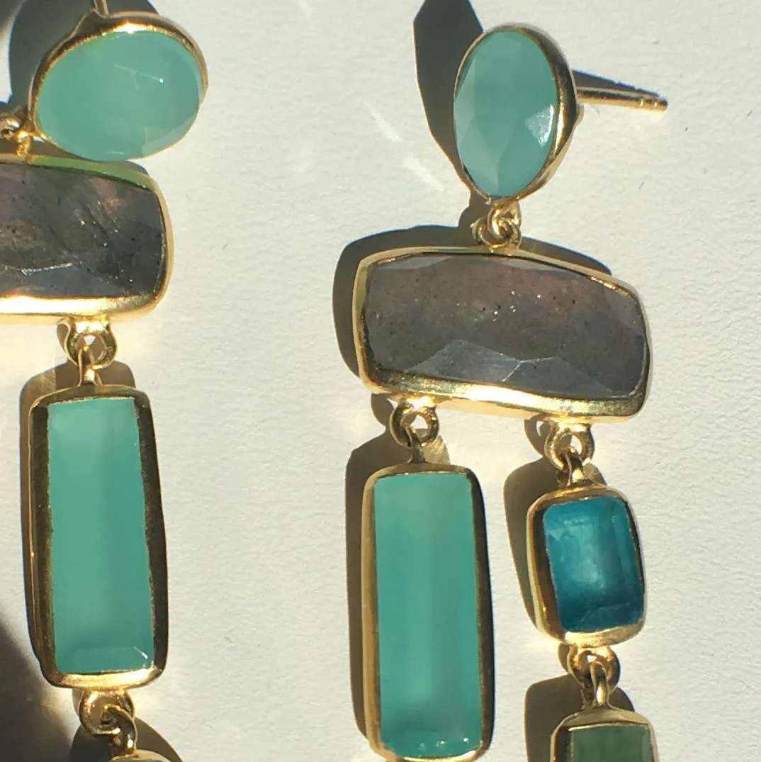 Multi - Stone Chalcedony - Green Quartz - Labradorite Earrings