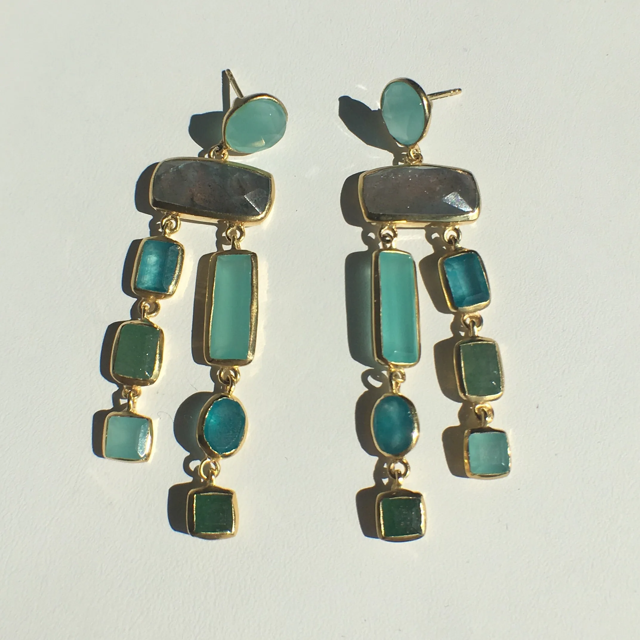 Multi - Stone Chalcedony - Green Quartz - Labradorite Earrings