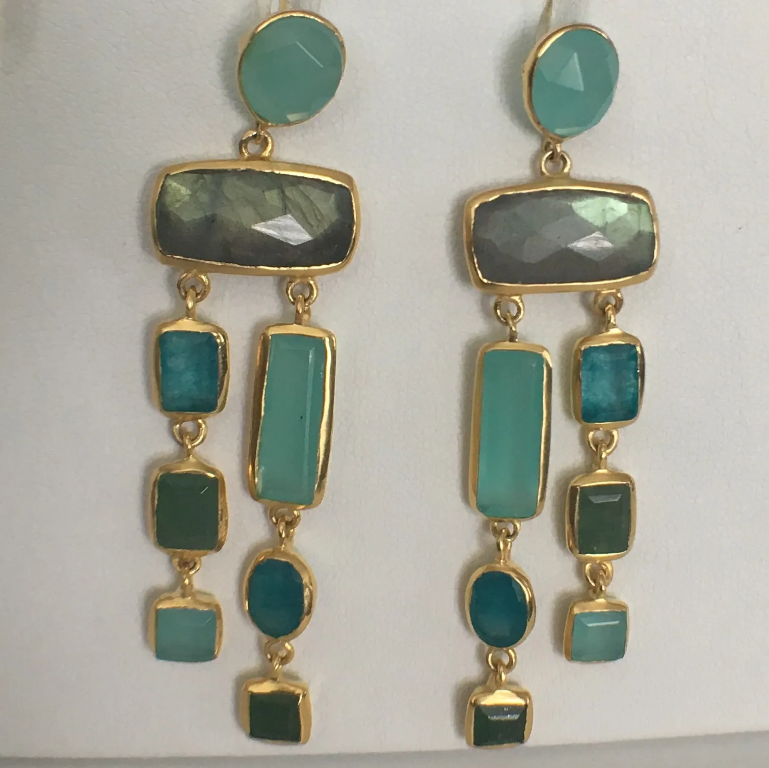 Multi - Stone Chalcedony - Green Quartz - Labradorite Earrings