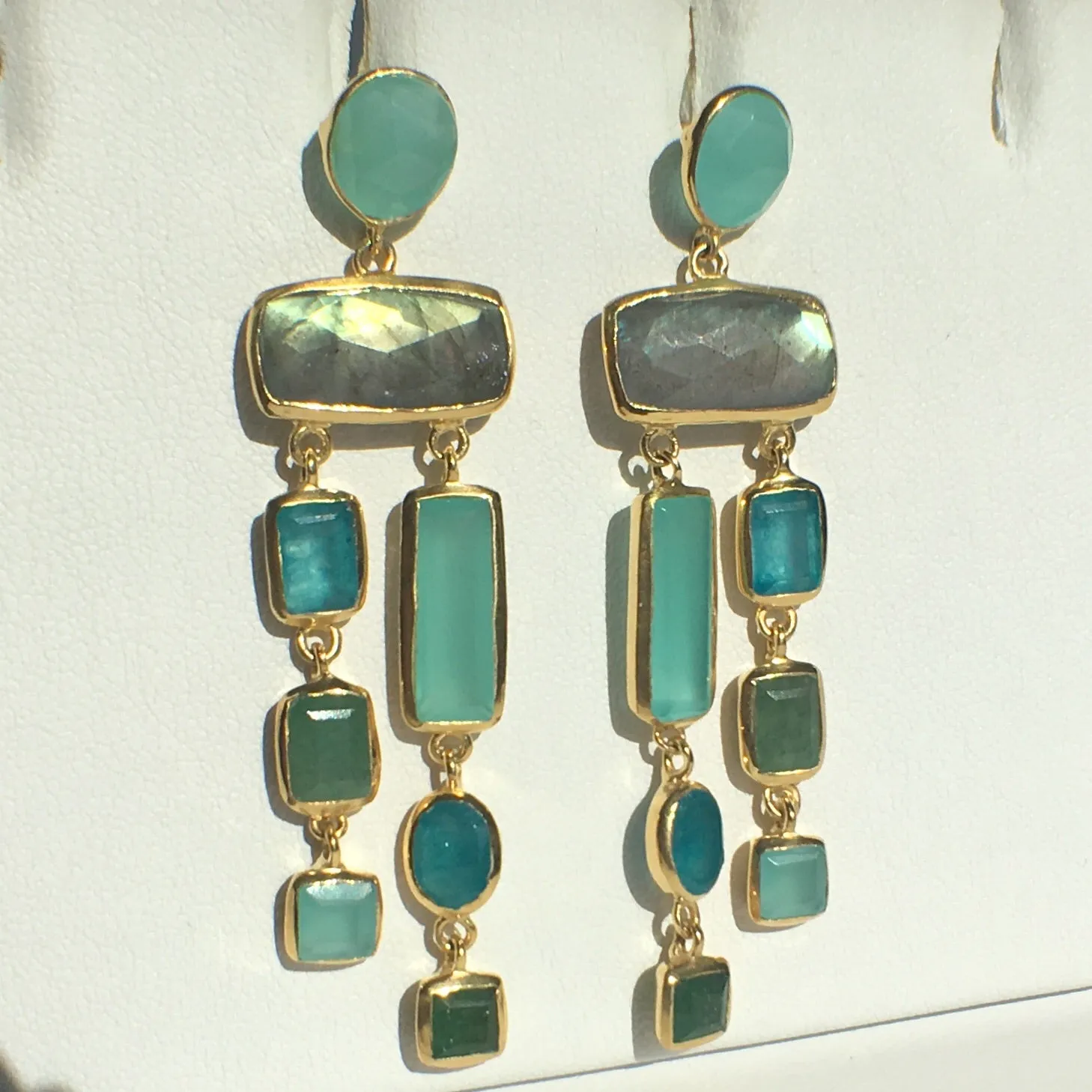 Multi - Stone Chalcedony - Green Quartz - Labradorite Earrings