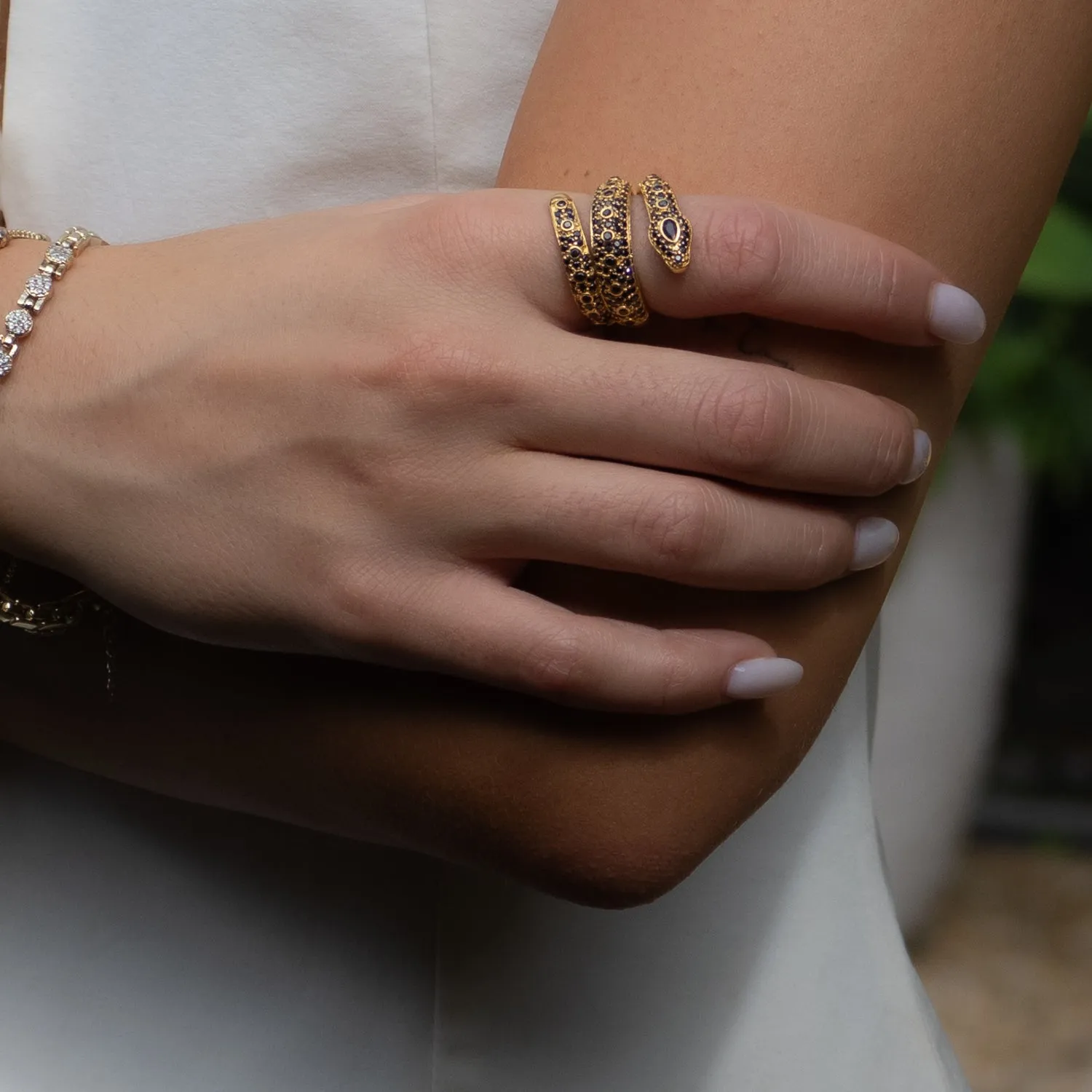 Mystic Serpent Black Stone Triple Wrap Ring