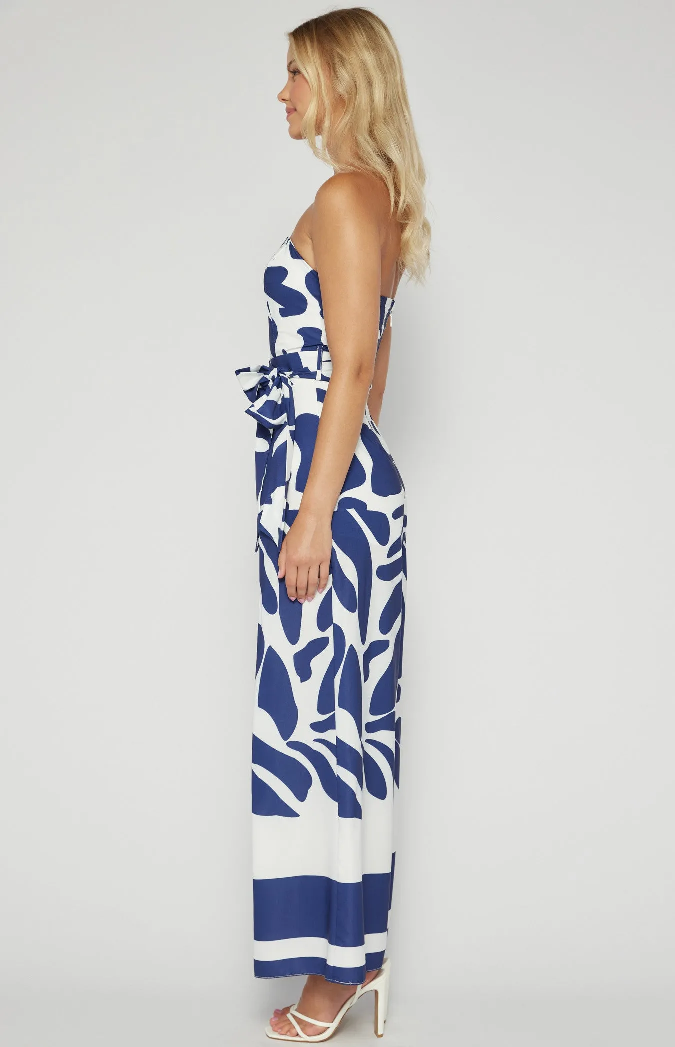 Navy Blue & White Placement Print Strapless Jumpsuit