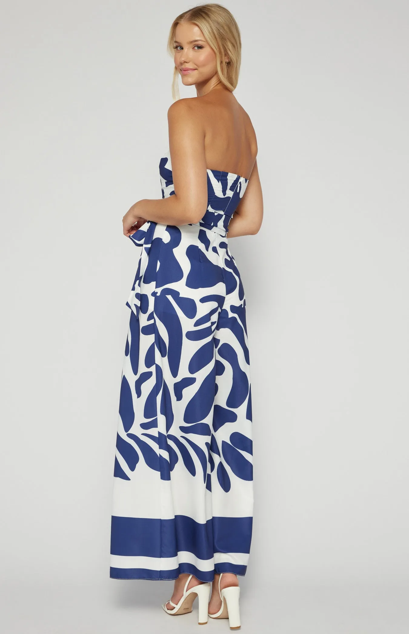 Navy Blue & White Placement Print Strapless Jumpsuit