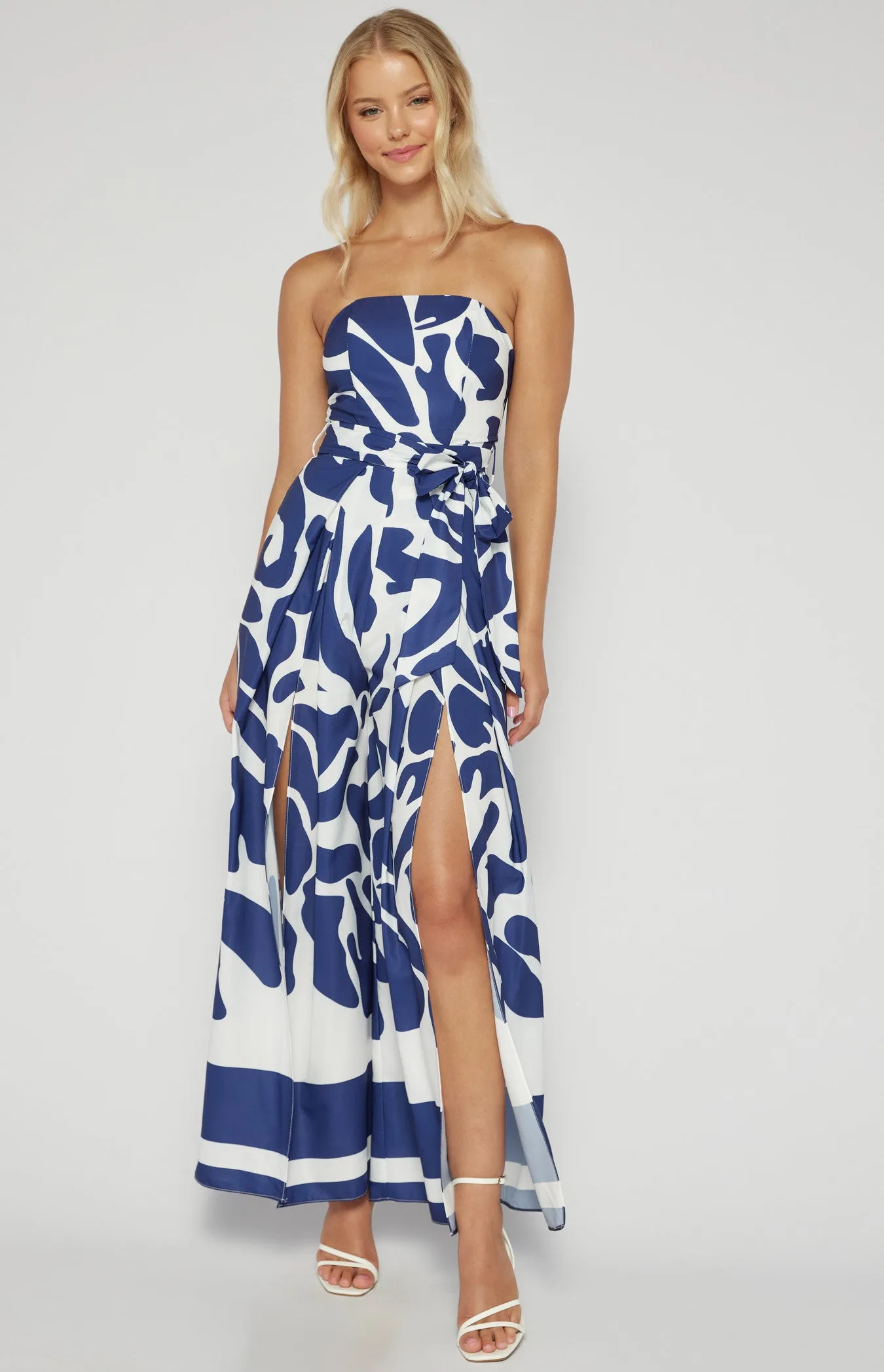Navy Blue & White Placement Print Strapless Jumpsuit