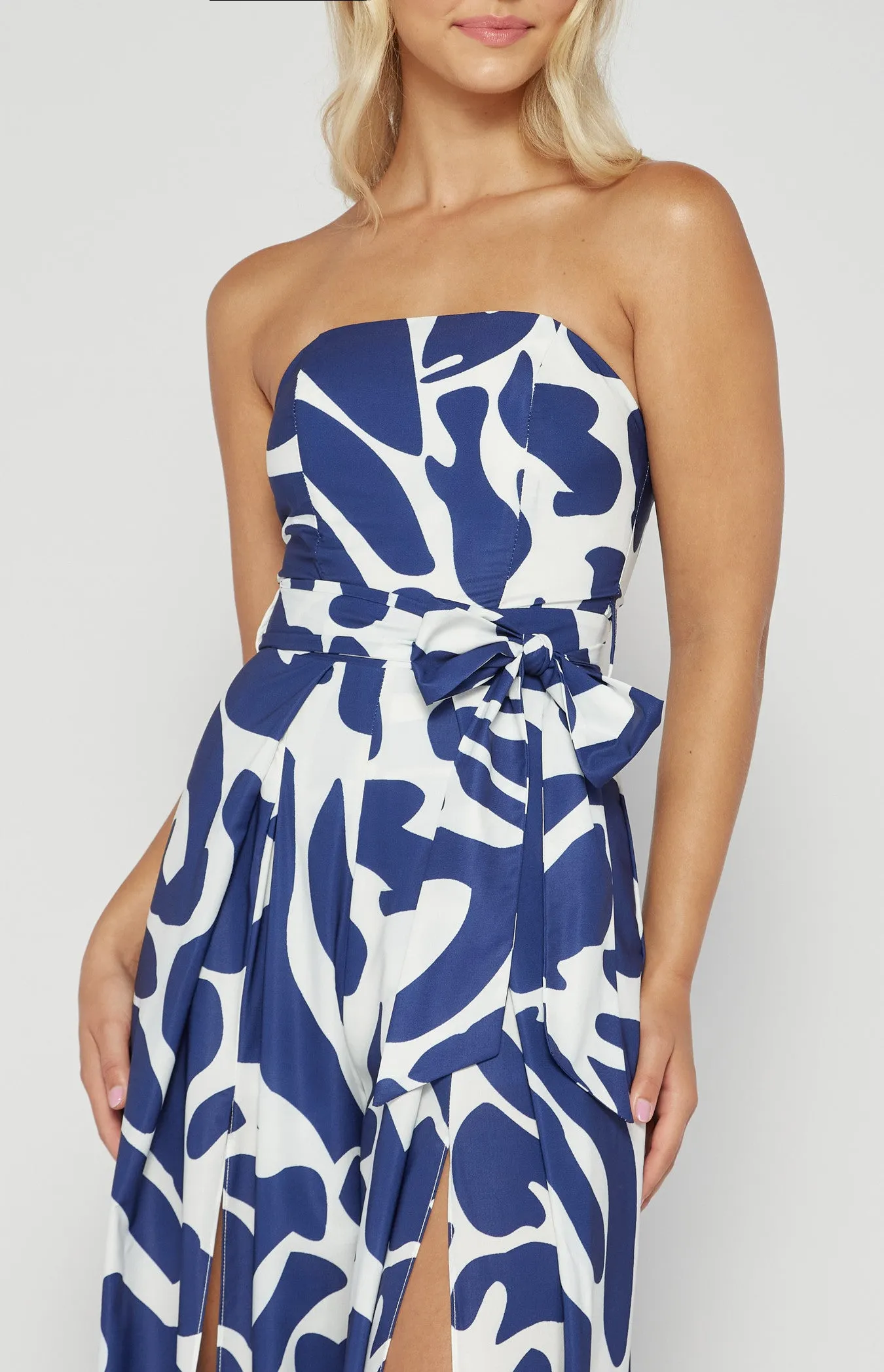 Navy Blue & White Placement Print Strapless Jumpsuit