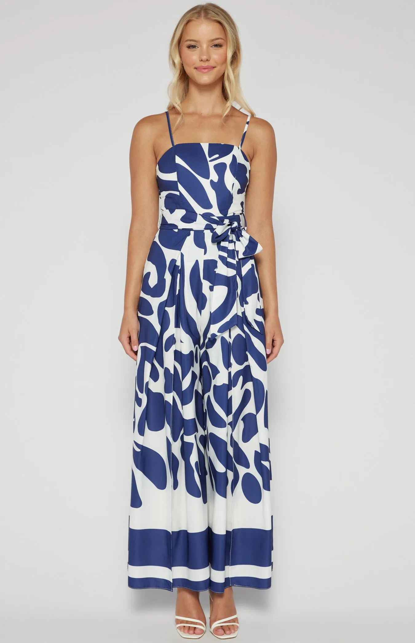 Navy Blue & White Placement Print Strapless Jumpsuit