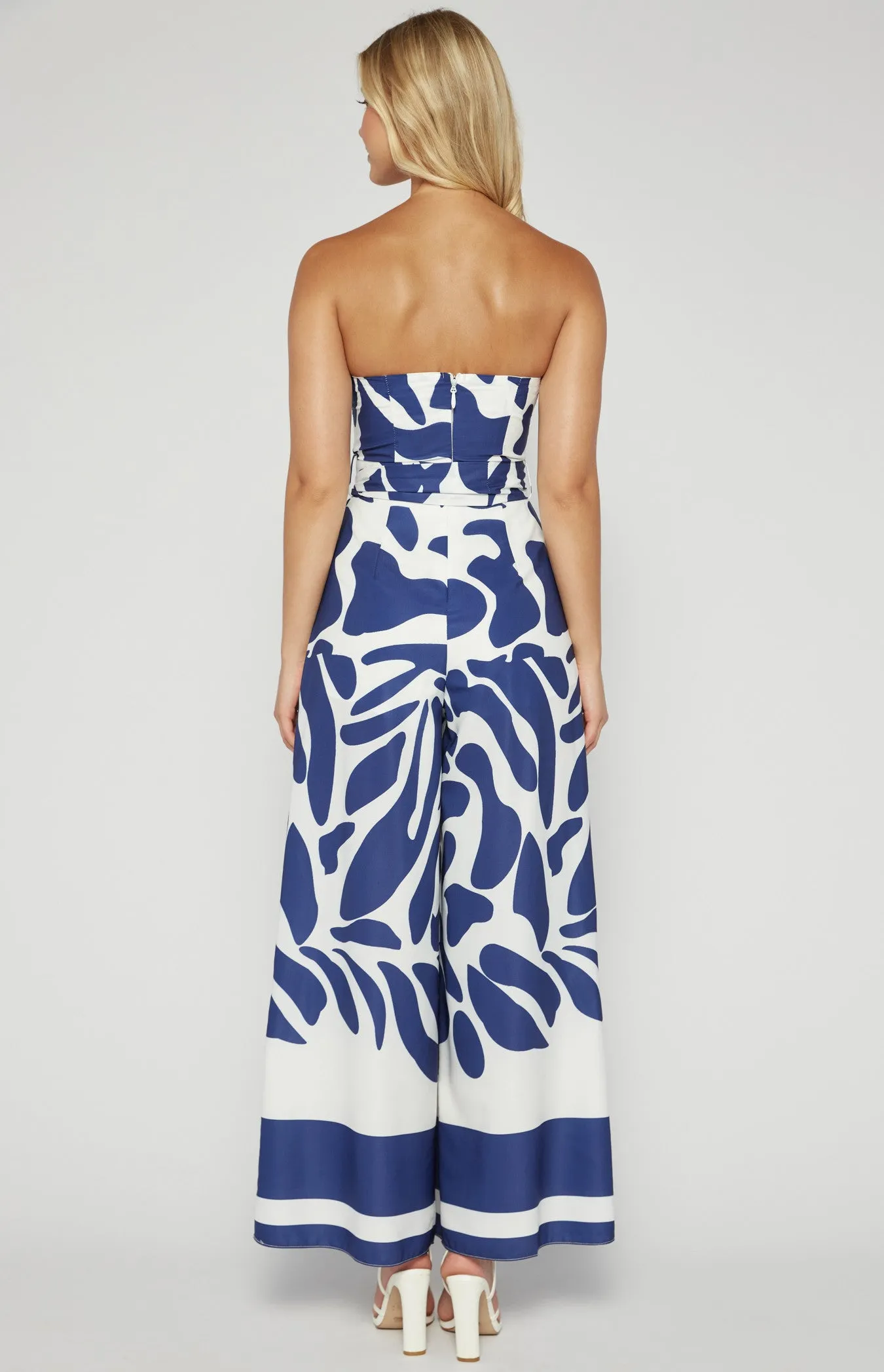 Navy Blue & White Placement Print Strapless Jumpsuit