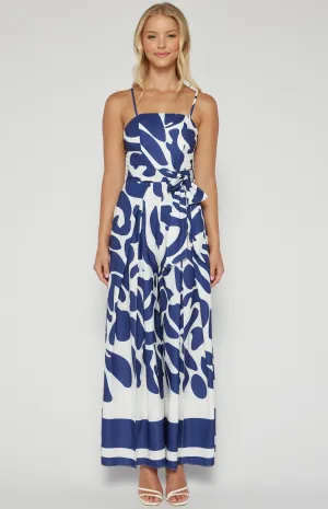 Navy Blue & White Placement Print Strapless Jumpsuit
