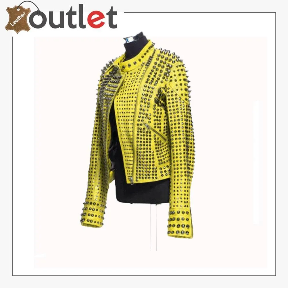 New Handmade Women's Yellow Fashion Studded Punk Style Leather Jacket