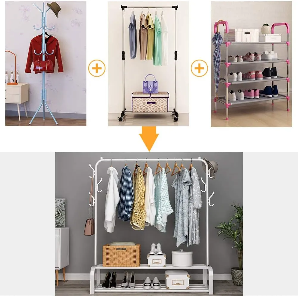 NEW Retails $97, UDEAR Garment Rack Free-standing Clothes Rack with Top Rod, Lower Storage and 6 Hooks, White