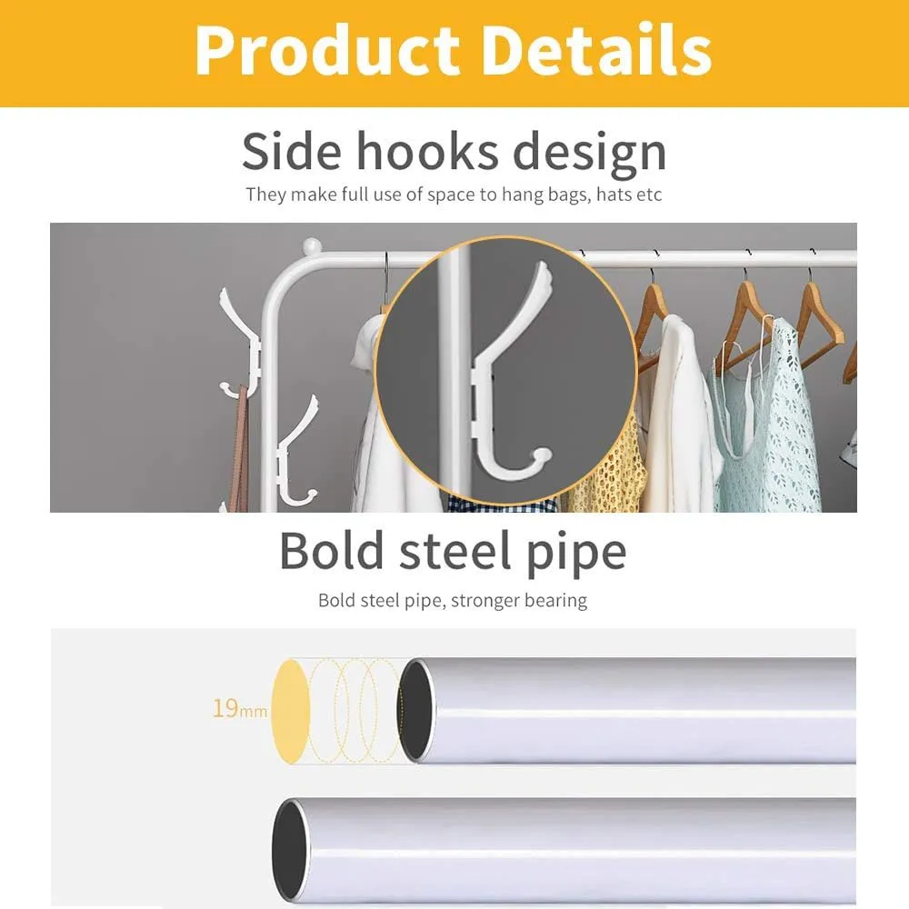 NEW Retails $97, UDEAR Garment Rack Free-standing Clothes Rack with Top Rod, Lower Storage and 6 Hooks, White