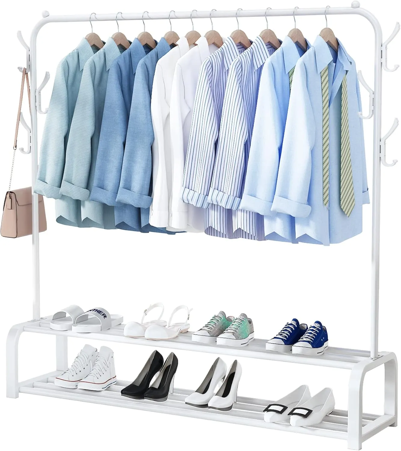 NEW Retails $97, UDEAR Garment Rack Free-standing Clothes Rack with Top Rod, Lower Storage and 6 Hooks, White