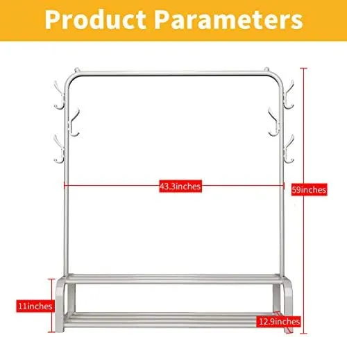 NEW Retails $97, UDEAR Garment Rack Free-standing Clothes Rack with Top Rod, Lower Storage and 6 Hooks, White