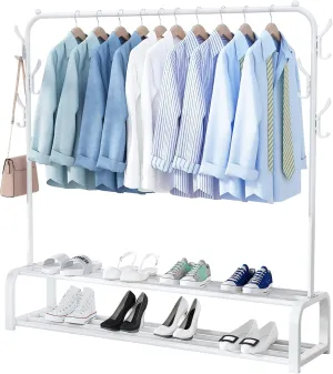 NEW Retails $97, UDEAR Garment Rack Free-standing Clothes Rack with Top Rod, Lower Storage and 6 Hooks, White